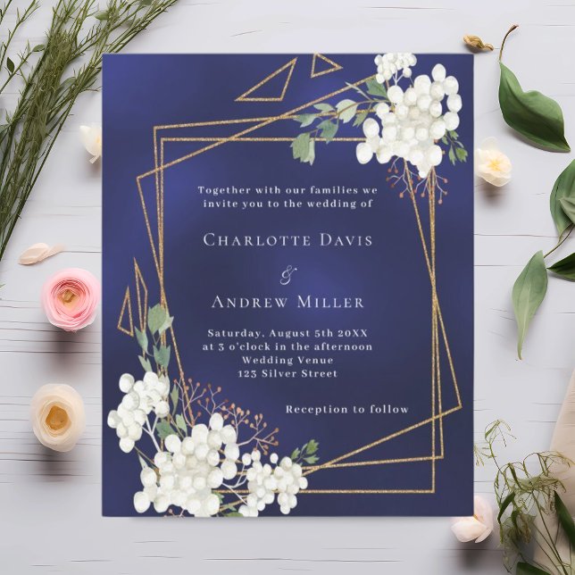 Blue white florals geometric wedding invitation (Creator Uploaded)