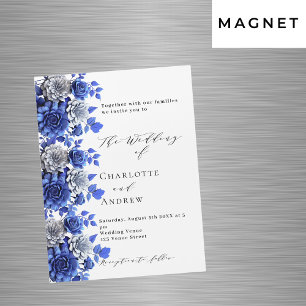 Blue white florals script luxury wedding magnetic invitation