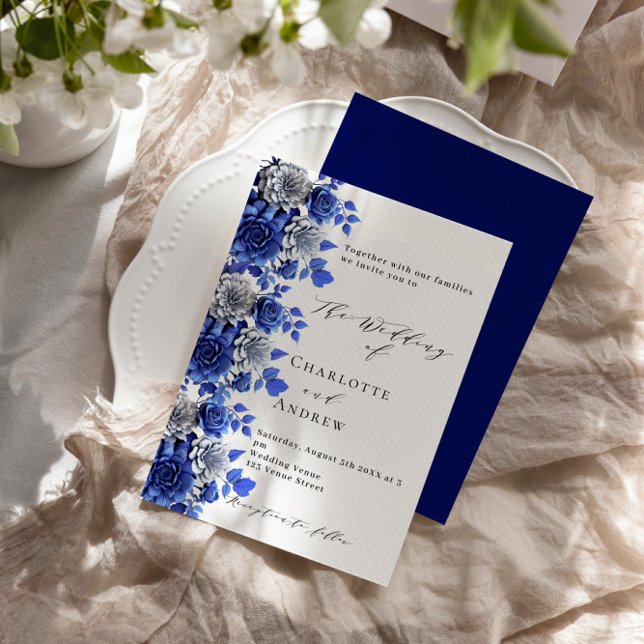 Blue white florals script wedding invitation (Creator Uploaded)