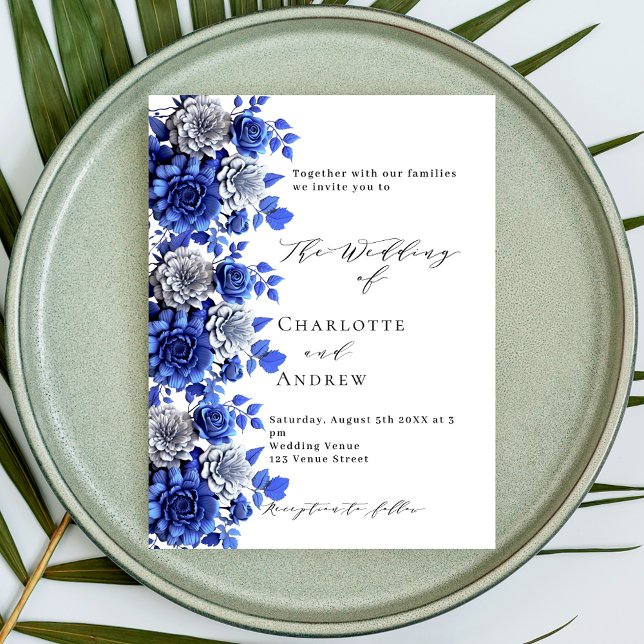 Blue white florals script wedding invitation postcard (Creator Uploaded)