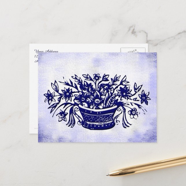 Blue White Flower Basket Floral Faux Canvas Postcard (Front/Back In Situ)