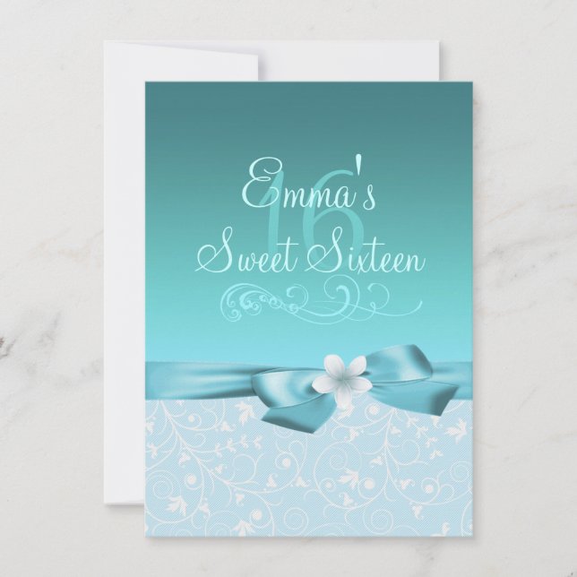 Blue/White Flower & Bow Birthday Invite (Front)