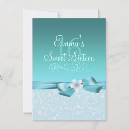 Blue/White Flower &amp; Bow Birthday Invite