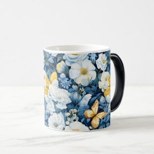 Blue & White Flower Butterfly Pattern Color Morph Mug