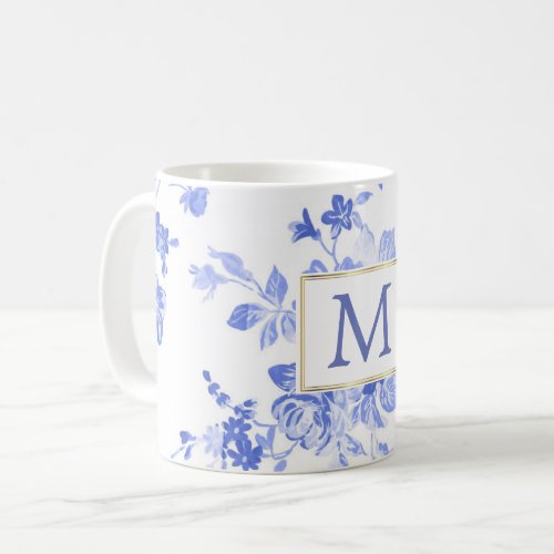 blue white flower china initial customizable coffee mug