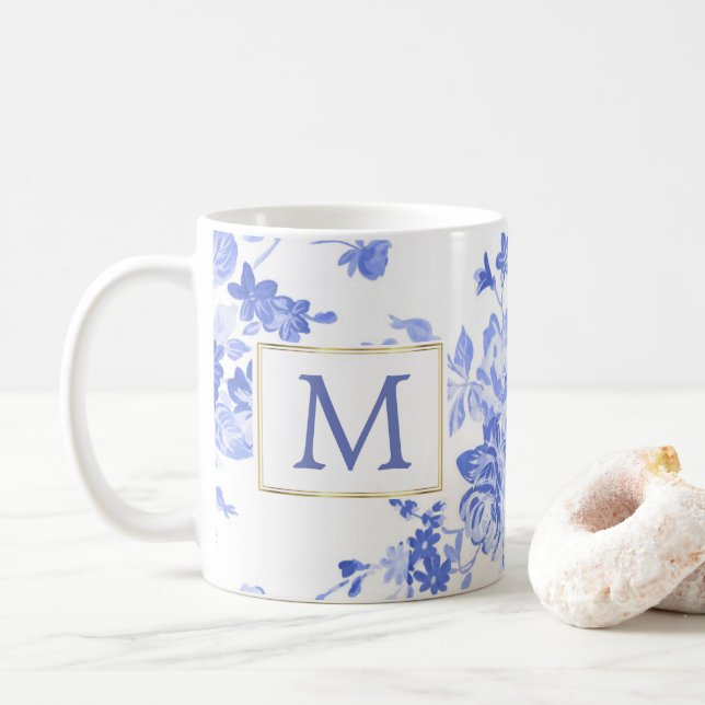 blue white flower china initial customizable side coffee mug (With Donut)