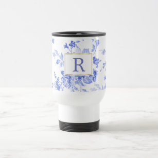 blue white flower china initial customizable side travel mug