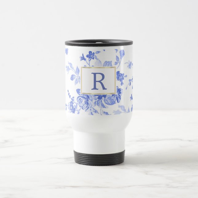 blue white flower china initial customizable side travel mug (Center)