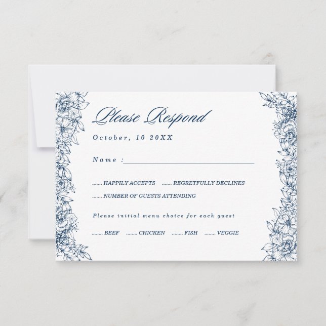 Blue White Flower Elegant Menu Choice RSVP Card (Front)