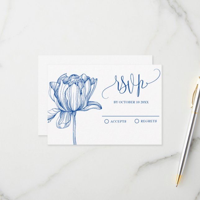 Blue white flower elegant  RSVP card (Front/Back In Situ)