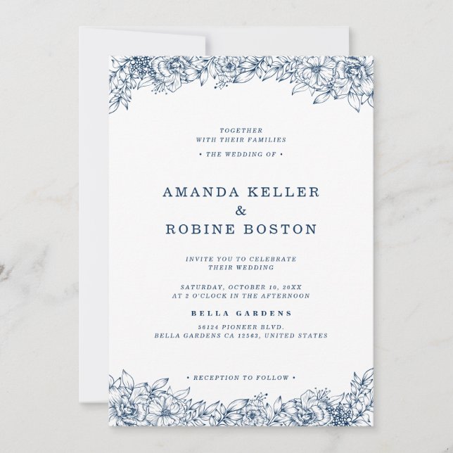 Blue White Flower Elegant Simple Wedding Invitation (Front)
