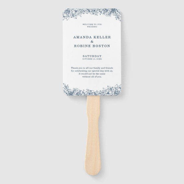 Blue White Flower Elegant Wedding Hand Fan (Front)