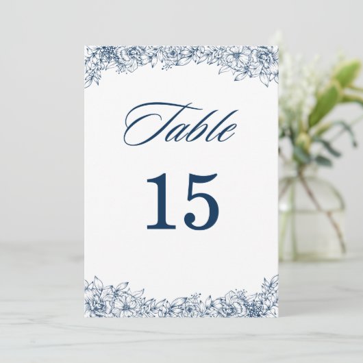 Blue White Flower Elegant Wedding Table Numbers (Standing Front)