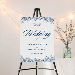 Blue White Flower Elegant Wedding Welcome Sign