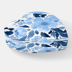 Blue & White Flower Glass Heart Paperweight