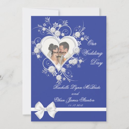 Blue &amp; White Flower Heart Wedding Photo Invitation