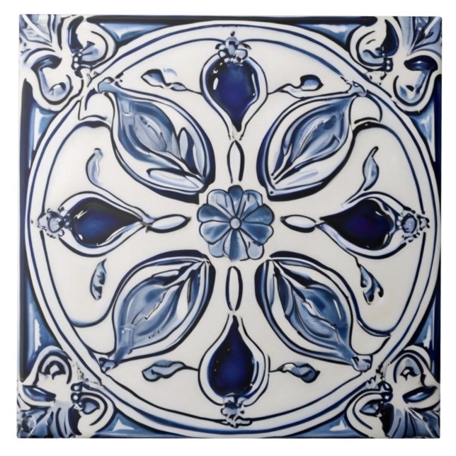 Blue & White Flower Leaves Symmetrical Folk Art Ceramic Tile (Front)