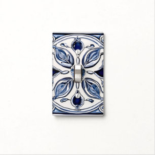 Blue & White Flower Leaves Symmetrical Folk Art Light Switch Cover