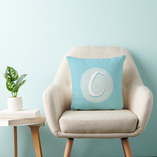 Blue White Flower Letter C Throw Pillow (Chair)