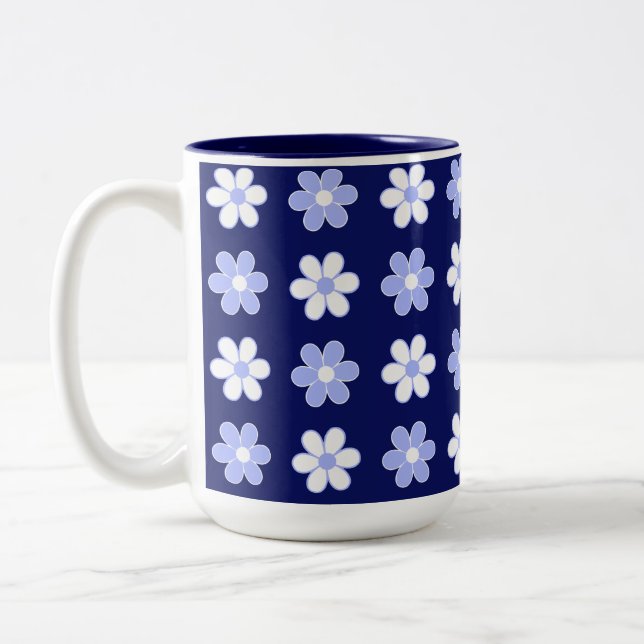 Blue & White Flower Pattern on Navy Blue Two-Tone Coffee Mug (Left)