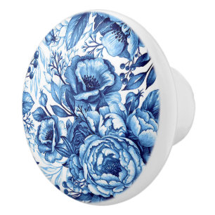 Blue & White Flower Printed Round Ceramic Knob