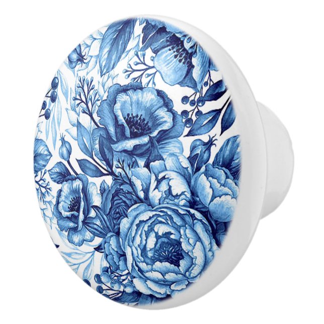 Blue & White Flower Printed Round Ceramic Knob (Right)