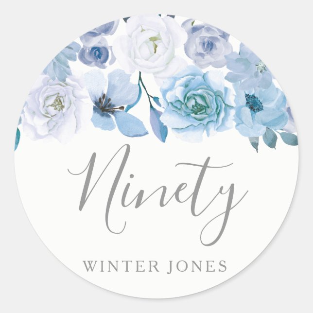 Blue White Flowers 90th Birthday Party Sticker (Front)