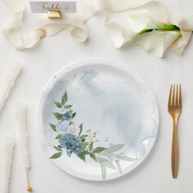 blue & white flowers botanical  paper plates (Wedding)