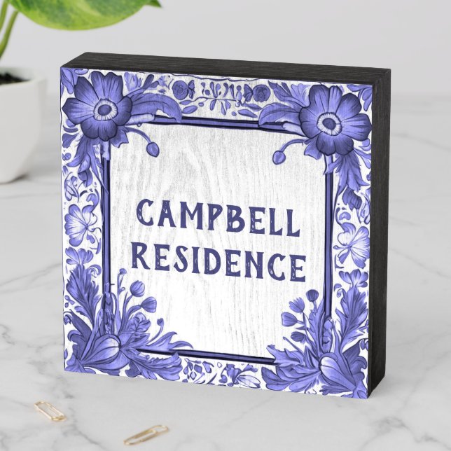 Blue & White Flowers Custom House Name Plate Sign (In Situ Horizontal)