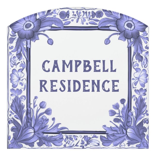 Blue & White Flowers Custom House Name Plate Sign (Contour Front)