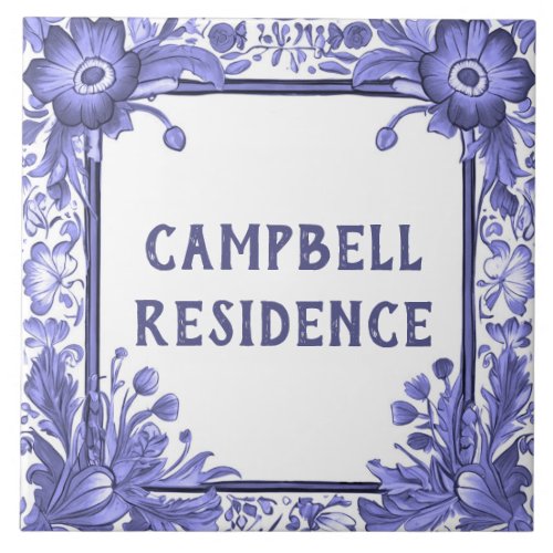 Blue  White Flowers Custom House Name Plate Sign Ceramic Tile