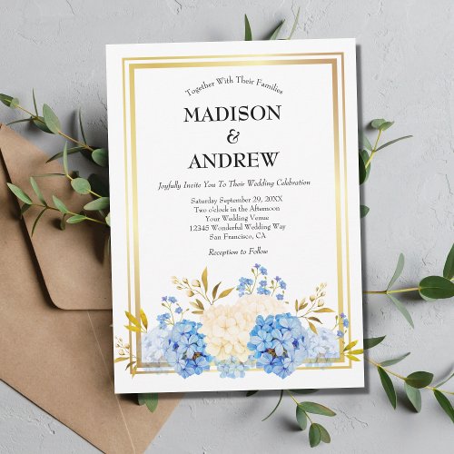 Blue White Flowers Gold Frame Elegant Wedding Invitation