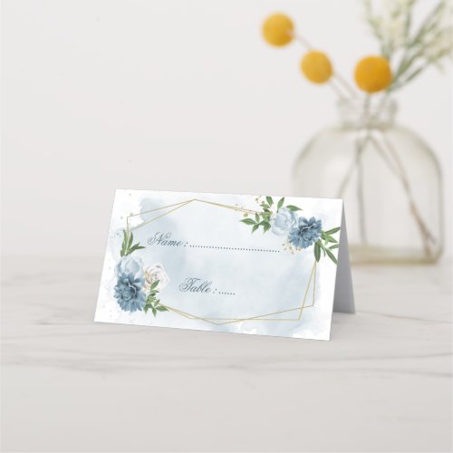 blue  white flowers green leaves geometric place card