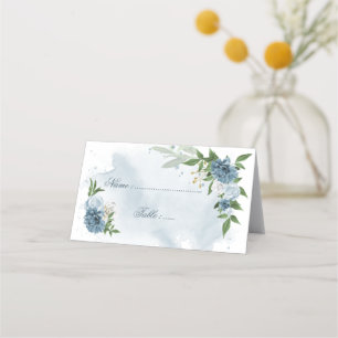 blue & white flowers green leaves place card