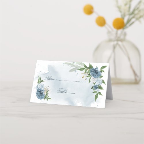 blue  white flowers green leaves  place card
