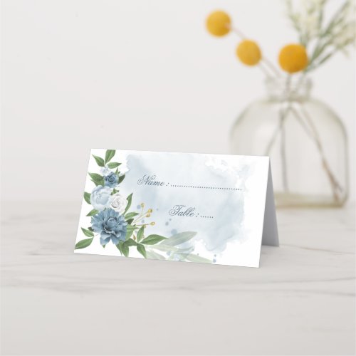 blue  white flowers green leaves place card