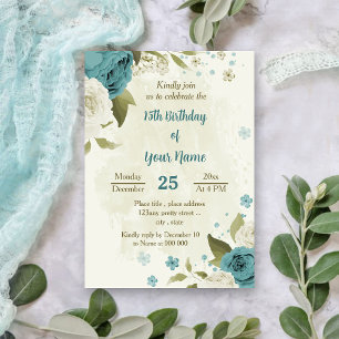 blue white flowers greenery birthday invitation