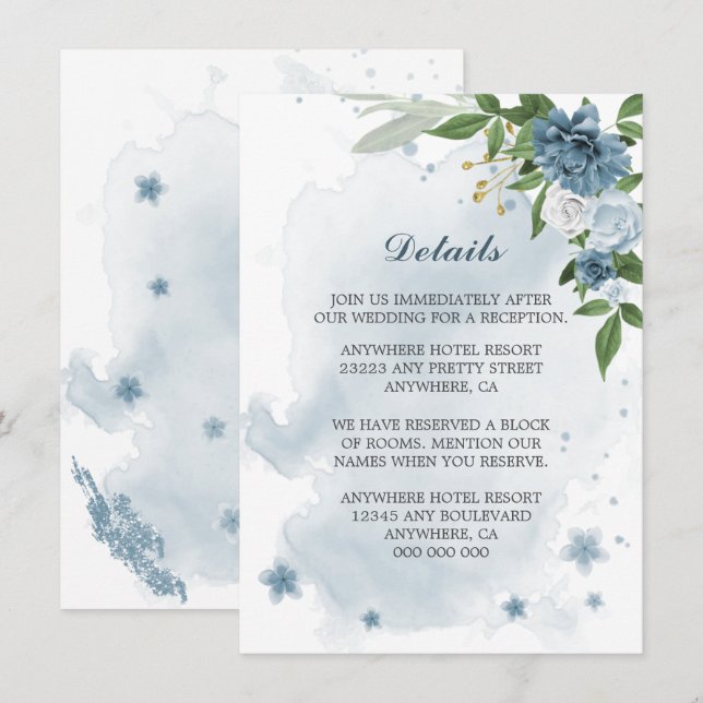 blue white flowers greenery details enclosure card (Front/Back)