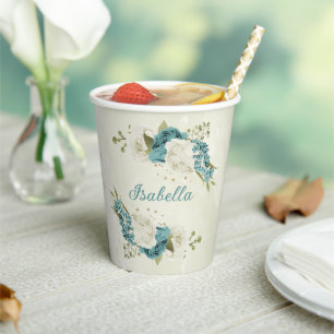 blue white flowers greenery  paper cups