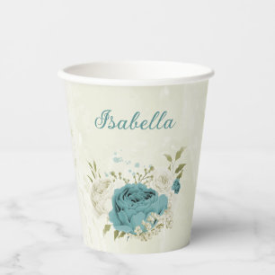 blue white flowers greenery  paper cups