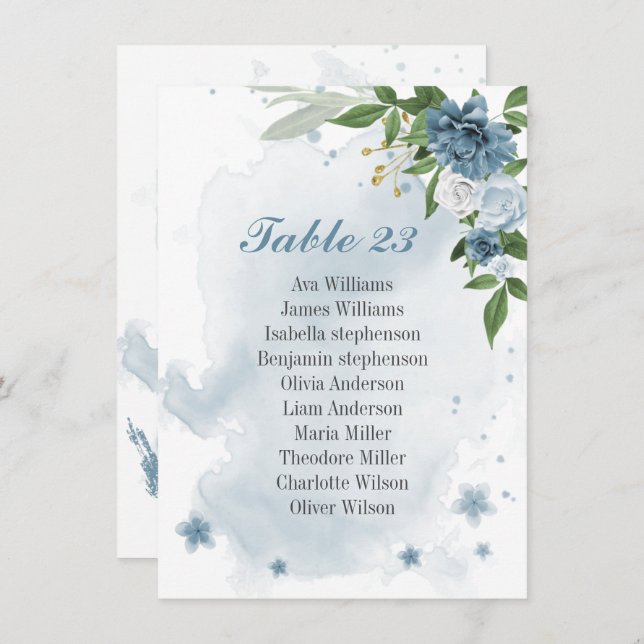 blue white flowers greenery seating chart card (Front/Back)