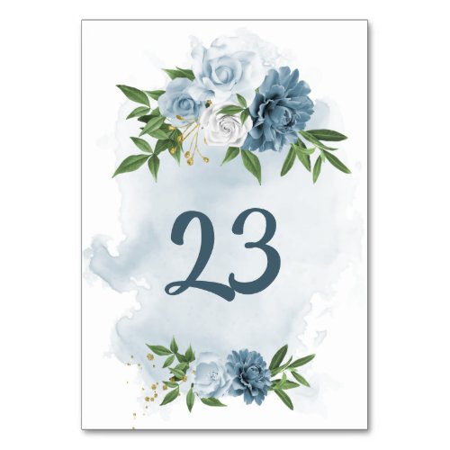blue  white flowers greenery  table number