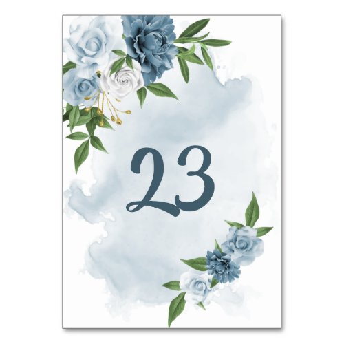 blue  white flowers greenery table number