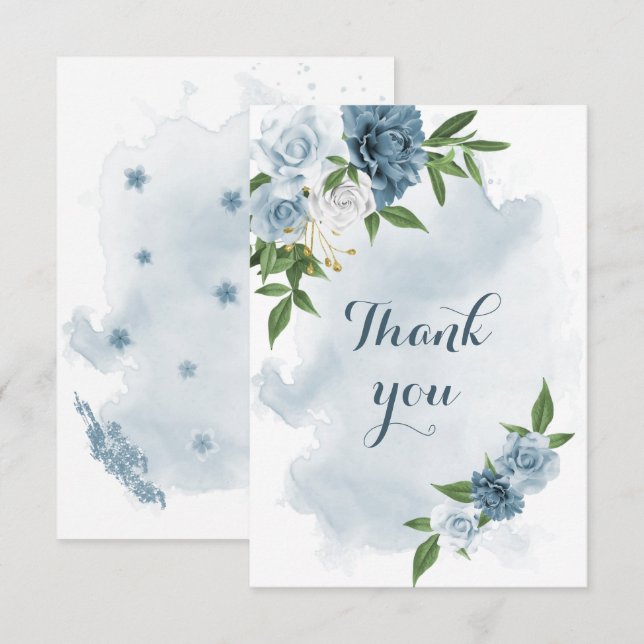 blue & white flowers greenery thank you card (Front/Back)