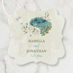 blue white flowers greenery wedding favor tags