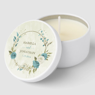 blue white flowers greenery wedding mini candle favors