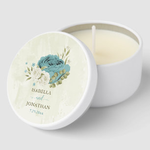 blue white flowers greenery wedding mini candle favors