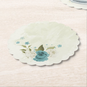 blue white flowers greenery wedding paper coaster