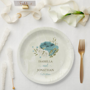 blue white flowers greenery wedding paper plates