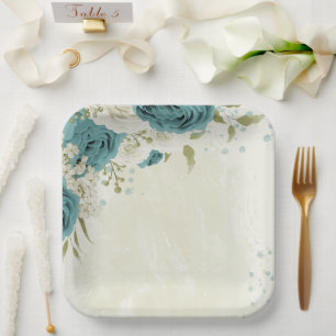 blue white flowers greenery wedding paper plates